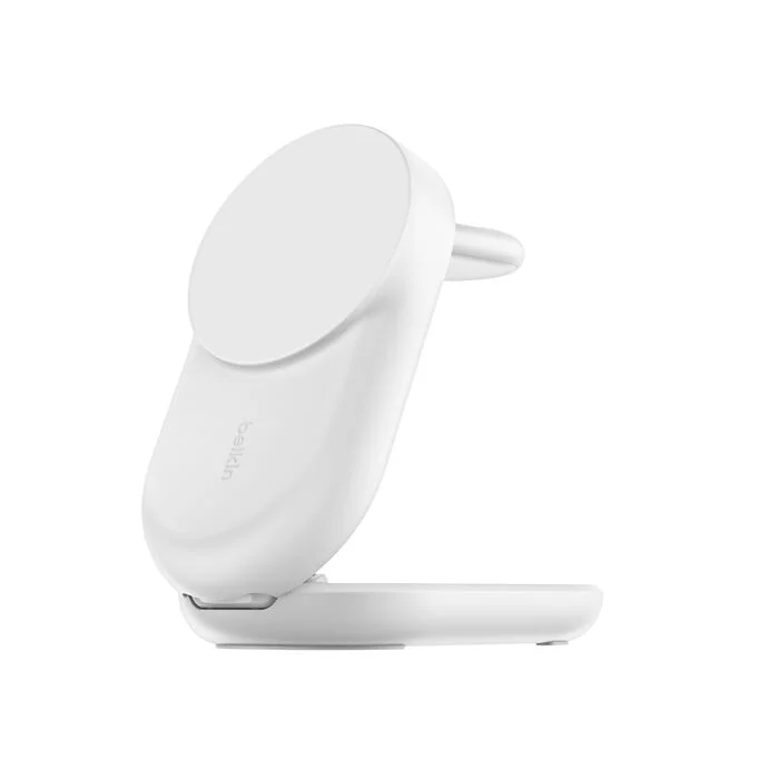 Belkin 3-in-1 Foldable Magnetic Charger in white, folded and open configurations
